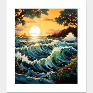 Waves ocean sunset 3 Posters and Art